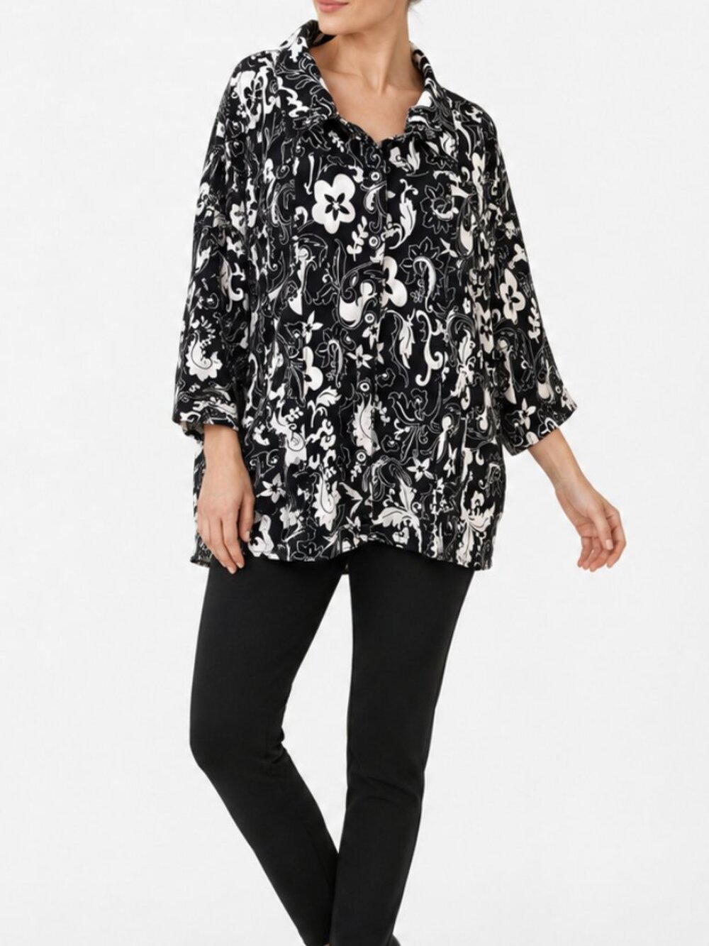 Mirror Image Top 3X Shirt Black White Floral Boho Cottagecore Career Vacation